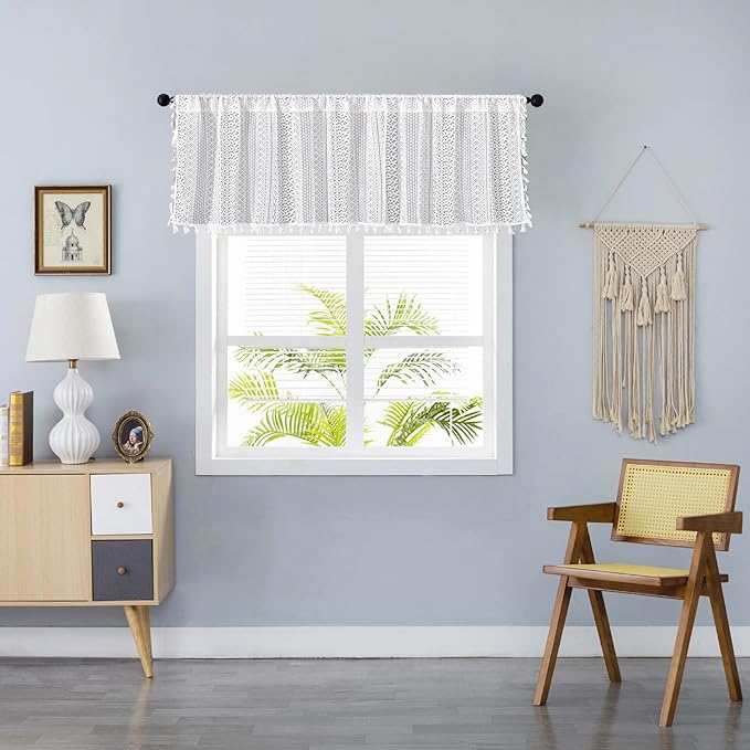 Sutuo Home Boho Sheer Curtain Valance Crochet Lace with Bohemian Hollow Knitted Handmade Tassels, Short Farmhouse Window Treatment for Kitchen Cafe, Rod Pocket, 1 Panel 59" W x 18" L, White