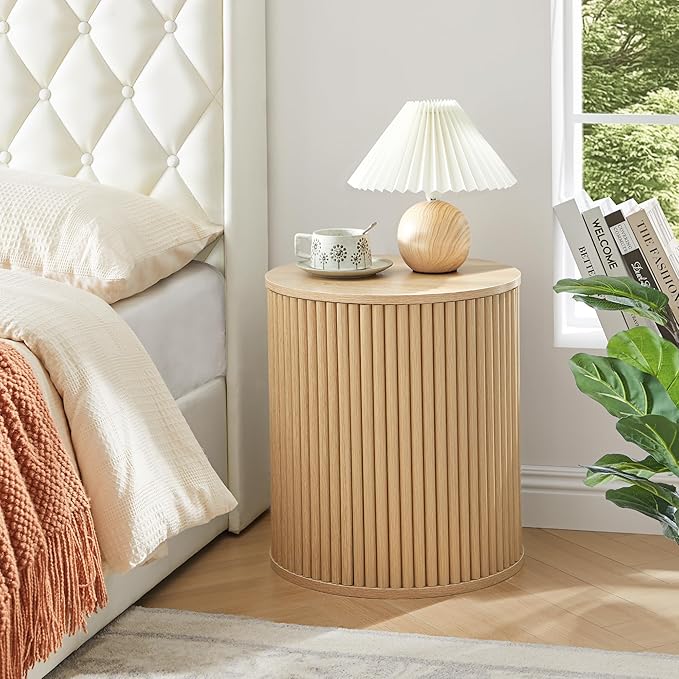 AVZEAR Small Round Side Table Fluted Night Stand Set of 2, Modern Boho End Table with Storage, Circle Bedside Tables Wood Nightstands for Small Spaces, Living Room, Bedroom (Nature)