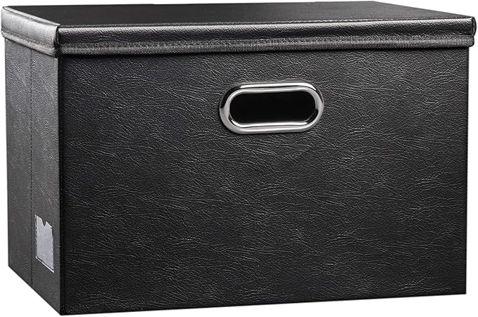 PRANDOM Large Collapsible Storage Bin with Lid [1-Pack] Leather Fabric Foldable Storage Box Organizer Containes Basket Cube with Cover for Home Bedroom Closet Office Nursery Black (17.7x11.8x11.8)