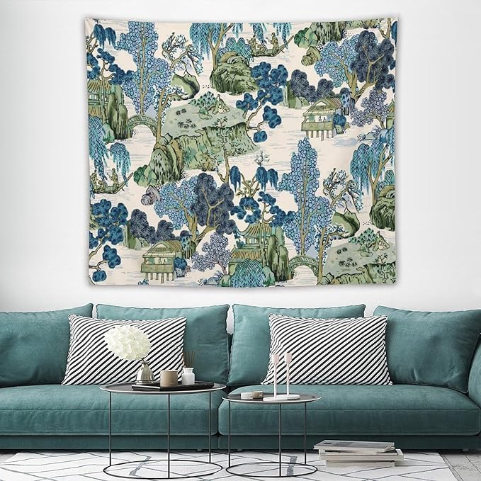 Chinoiserie Tapestry,Asian Watercolor Abstract Art Tapestry,Asian Japanese Wall Tapestry, Nature Landscape Tapestries for Bedroom Living Room Decor 60"x50"