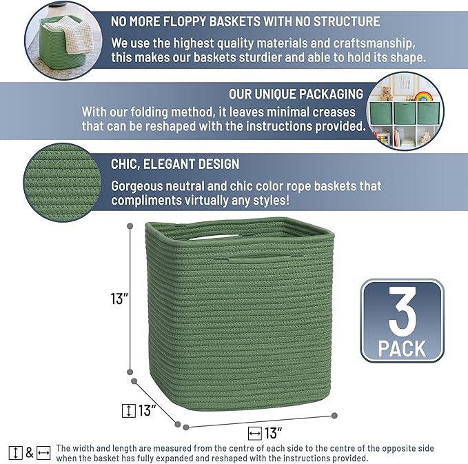 NaturalCozy 13 Inch Cube Storage Bins Cotton Rope Woven Baskets for Organizing 3-Pack | 13 x 13 Storage Cubes | Fabric Square Storage Baskets for Shelves Organizer, Kids Toy Bins, Closet Baby Nursery