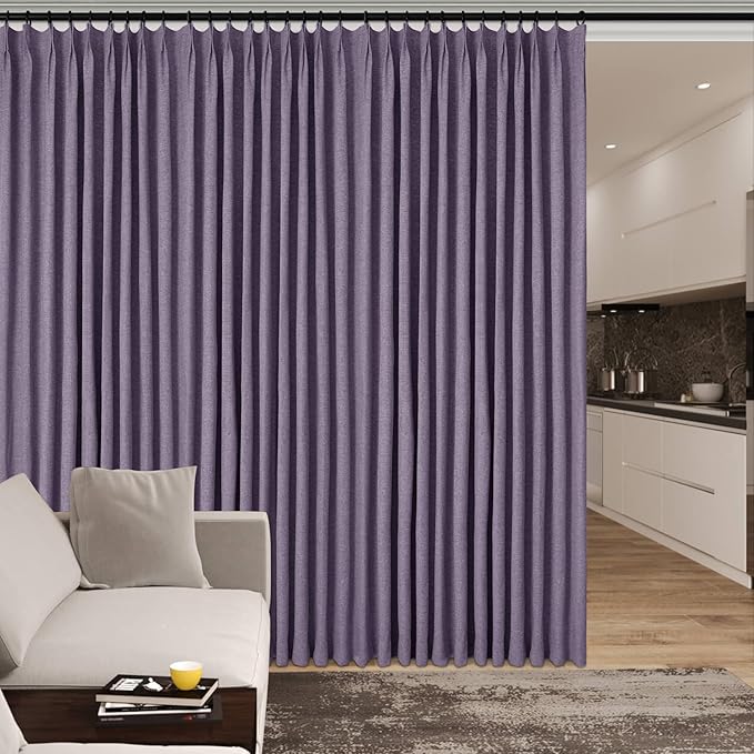 100% Blackout Linen Textured Drapes for Bedroom Pinch Pleated Curtains for Track System Portable Drapery for Sliding Glass Door/Storage/Space Room Divider, 70" Wx102 L, 1 PC, Violet
