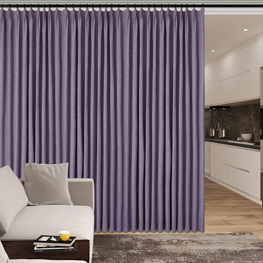 Violet Pinch Pleat 100% Blackout Drapes Linen Blend, Room Divider, Room Darkening, Energy Saving, Furniture Protecting, Light Blocking Extra Wide Privacy Curtains, 200Wx102L, 1 PC
