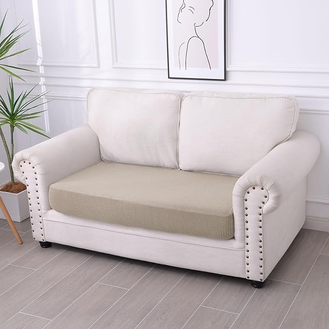 hyha Waterproof Couch Cushion Covers for Pets, Non Slip Sofa Seat Cover for Dogs Washable, Soft Thick Stretch Jacquard Fabric, Sofa Slipcovers with Elastic Bottom (1 Piece for Medium, Taupe)