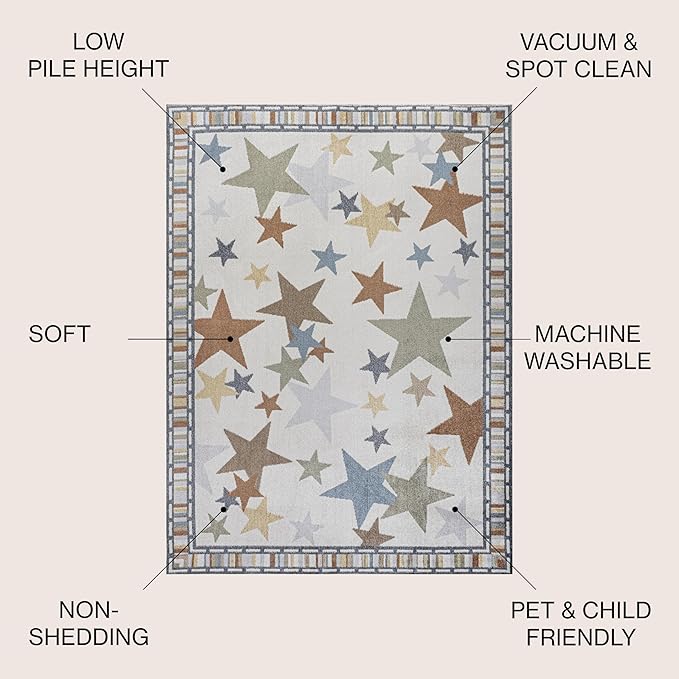 JONATHAN Y Machine-Washable Ivory/Blue/Orange Indoor Area Rug, 4x6, Star Gazer Geometric, Border, Kids & Novelty, Classic, Bedroom, Kitchen, Living Room, Easy-Cleaning, Non-Shedding (KDW100A-4)