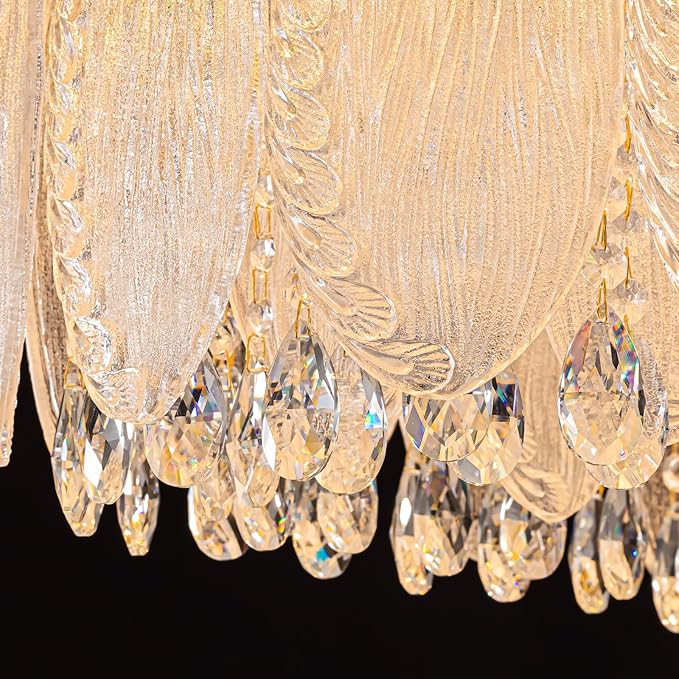 Gold Rectangle Modern Chandeliers for Dining Room Light Fixture, Water Ripple Crystal Glass LED Chandelier for Kitchen Island Bar Living Room, 2700K-6000K