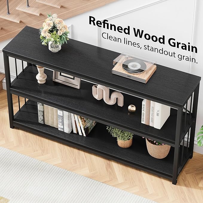 LVB Black Console Table, Modern Entryway Table for Hallway Living Room, Industrial Sofa Table Behind Couch, Farmhouse Wooden Metal Entry Table for Foyer with 3-Tier Storage Shelves, Black Oak, 55 Inch