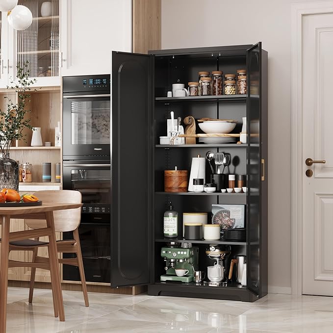 Metal Tall Black Cabinet, 71' Pantry Cabinet with Doors and 4 Adjustable Shelves, for Pantry, Laundry Room, Living Room, Dining Room