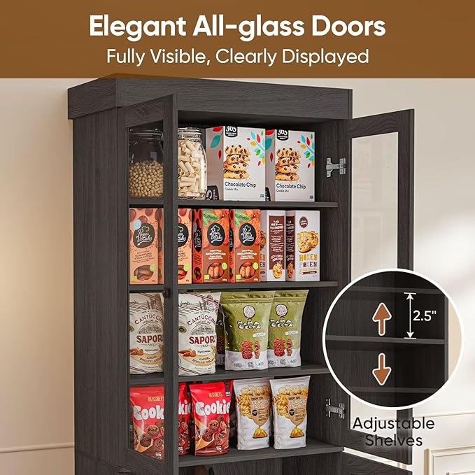 Vyre 71" Tall Farmhouse Bookshelves with Glass Doors and Drawers, Set of 2 – Large Modular Bookcase with Adjustable Shelves, Storage Cabinet for Living Room, Kitchen, Black