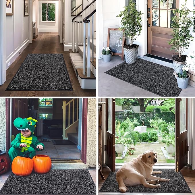 Mibao Front Door Mat, Dirt Trapper Welcome Mat for Outdoor Indoor, Non-Slip Waterproof Doormat, Durable Machine Washable Low Profile Entry Rug for Back Door Outside Patio Porch, 48" x 24", Black
