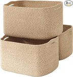 Large Storage Baskets for Organizing Shelves, Woven Cotton Rope Bins for Baby Nursery Organization, Book Toy Towel Organizer, 17"x13"x9.5", 3 Packs, Brown
