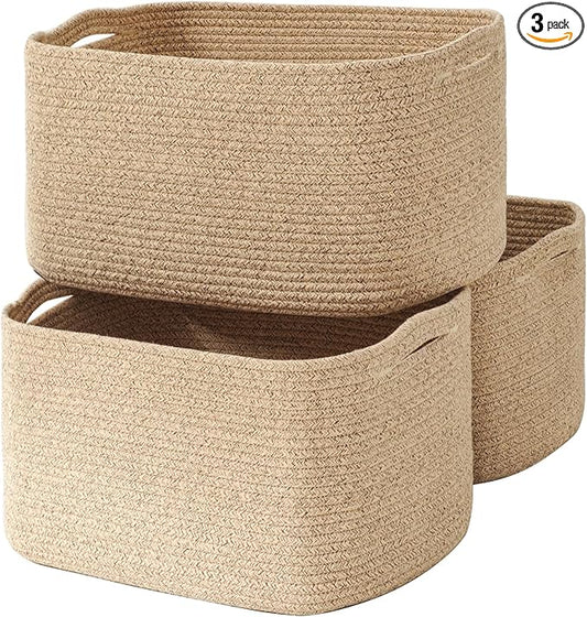Large Storage Baskets for Organizing Shelves, Woven Cotton Rope Bins for Baby Nursery Organization, Book Toy Towel Organizer, 17"x13"x9.5", 3 Packs, Brown