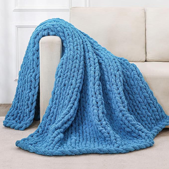 Bigacogo Chunky Knit Throw Blanket for Couch, 40x40 inches, 100% Hand Knitted with Thick Jumbo Chenille Yarn, Cozy Soft Large Rope Knot Cable Crochet Blankets for Sofa Bed Living Room, Bright Blue