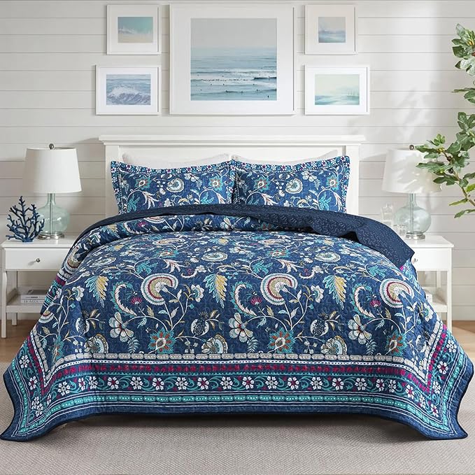 NEWLAKE Quilt Set Queen Size, Bedspread Sets Blue Botanical Floral Patterns, Reversible Quilt Bedding Set Lightweight and Breathable for All Seasons, Soft Quilted Bedspread with 2 Pillow Shams