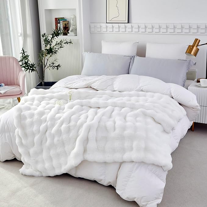 RYNGHIPY Faux Fur Throw Blanket Double Sided Thick and Warm Plush Fluffy Faux Rabbit Fur Decoration for Couch Sofa Chair and Bed Cream Winter Blanket (Ivory, 63''x79'')