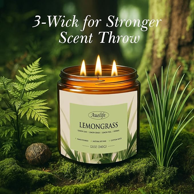 Auelife Lemongrass Scented Candle | 3-Wick Jar Candle - 12oz Natural Soy Wax - Citronella Scent for Indoor Outdoor Use, Long Lasting Aromatherapy Gifts for Fathers Day, Summer, 50+ Hour Burn