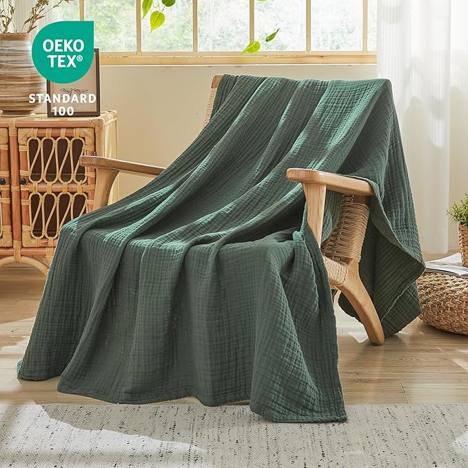 EMME Cotton Muslin Queen Blanket Bed Layering Breathable Gauze Blanket Soft Lightweight Blankets Adults (Forest Green, 90"x90")