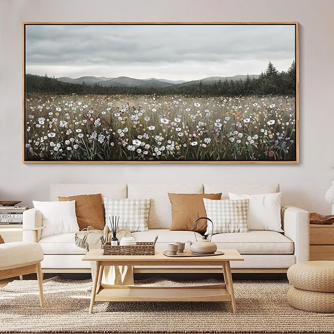 HGUAOA Vintage Landscape Wall Art for Bedroom and Living Room - Large Floral Artworks Farmhouse Wall Decor - Framed Neutral Nature Pictures - Above Bed Wall Decor with Mountain Scenery 29×58IN