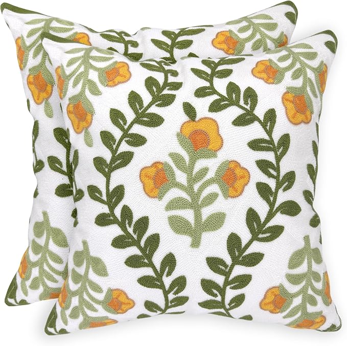 Alysheer Floral Embroidered Summer Decorative Throw Pillow Covers 18"x 18" Set of 2, Farmhouse Cottage Orange Flowers Green Leaves Knit Patterned Cotton Canvas Cushion Case for Couch Bed Living Room