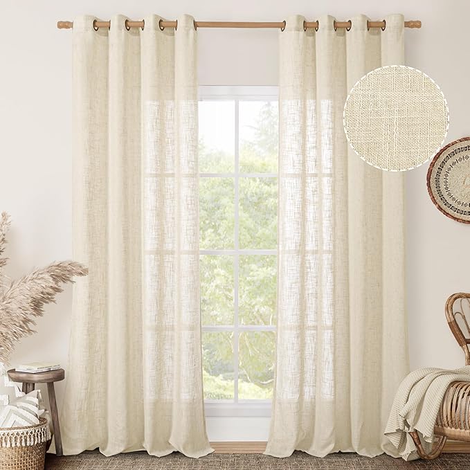LAMIT Beige Linen Sheer Curtains 90 inch for Living Room, Soft Thick Bronze Grommet Light Filtering Boho Window Textured Neutral Drapes for Bedroom Farmhouse, 2 Panels Set, 52 x 90 Inch