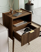 Nightstand,Modern Bedside Table with Storage Drawer and Open Wood Shelf, Accent Night Stand with Solid Wood Legs for Living Room, Bedroom and Small Spaces,Easy Assembly (Walnut Brown)