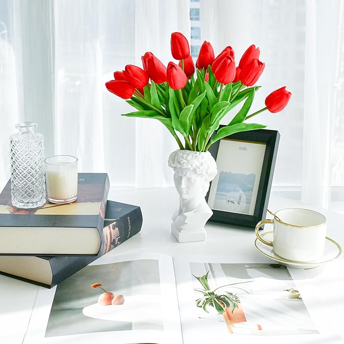 Mandy's Artificial Tulips 20 Stems Red PU Faux Flowers for Wedding Home Decor 13.5 Inch