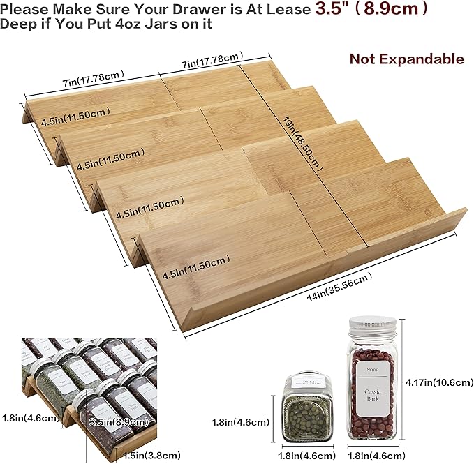 Bamboo Spice Rack Drawer Organizer - 8 Pieces Set- 7" Wide Per Piece - Combine Pieces Into 14" Wide Rack (7" or 14")