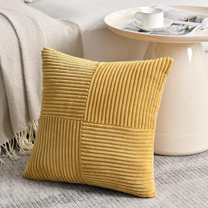 Fancy Homi 2 Packs Mustard Yellow Decorative Throw Pillow Covers 20x20 Inch for Living Room Couch Bed Sofa, Farmhouse Boho Home Decor, Soft Corss Corduroy Patchwork Accent Square Cushion Case 50x50 cm