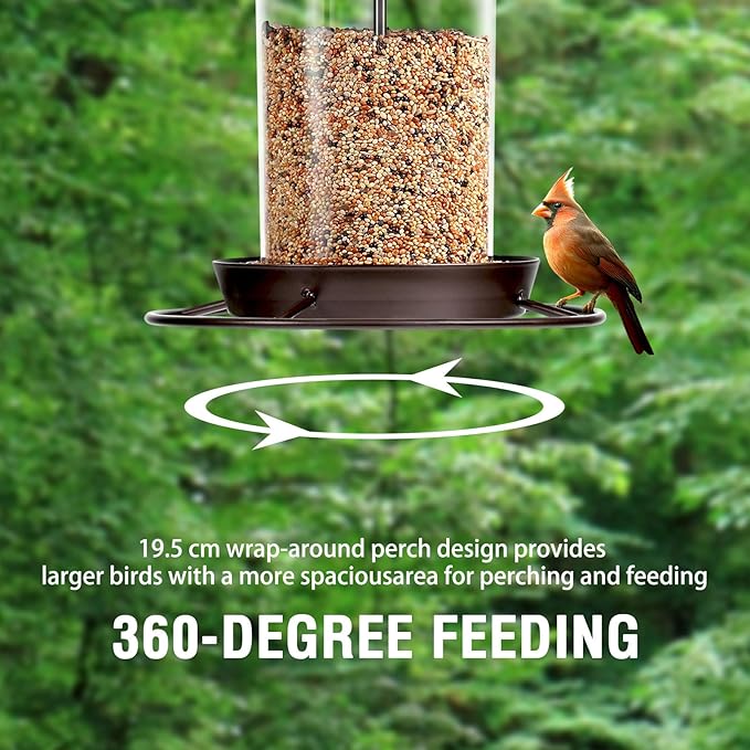 Metal Bird Feeder for Outdoors Hanging,3.0LB Seed Feeder,Easy to Fill & Clean,360° Feeding,Weatherproof Roof for Gardens and Wild Birds,Brown