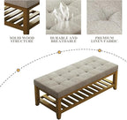 Large Rectangular Upholstered Ottoman Bench, Linen Tufted Footrest Ottoman with Solid Wood Shelf Storage Coffee Table for Bedroom Living Room, Linen
