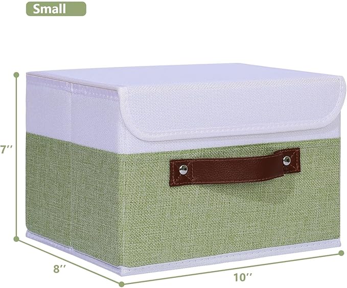 ANMINY 4PCS Storage Boxes with Lid Washable Decorative Storage Bins Basket with PU Leather Handle Foldable Linen Fabric Storage Cubes Containers for Home Closet Organizer - Green White, Small Size