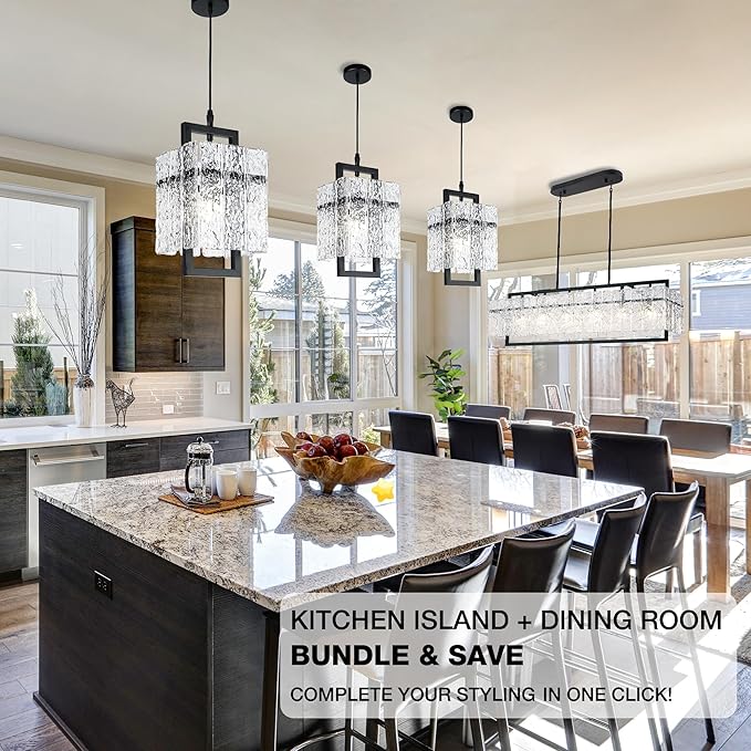 IKK Black Crystal Pendant Light for Kitchen Island, Luxury Water Ripple Glass Chandelier Lights Fixture, Modern Elegant Adjustable Pendant Lighting for Dining Room Bedroom, E12 Bulb, L6.5'' x H11.8''