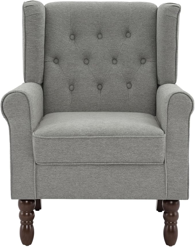Accent Chair, Upholstered Armchair with Button Tufted High Back & Solid Wood Legs, Comfy Wingback Reading Single Sofa Chair for Small Spaces, Living Room, Bedroom (Light Grey, Set of 1)