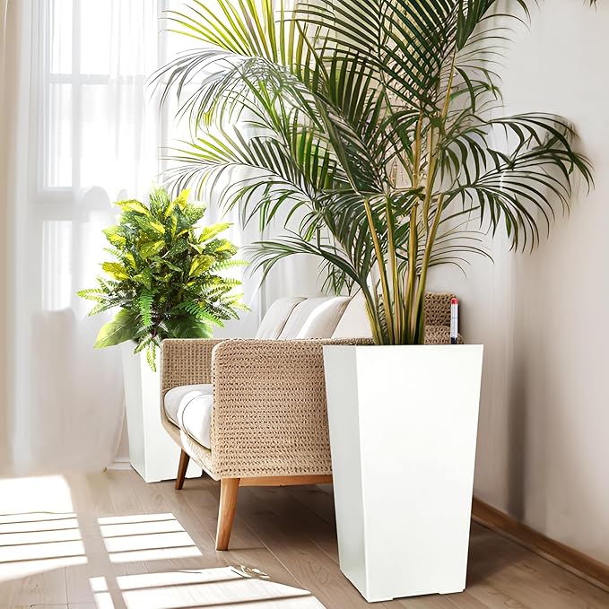22.5" Tall Planters Set of 2, Outdoor＆Indoor Black Planter Pots, High Front Porch Planter Pots with Drainage Holes＆Water Level Monitor＆Inner Bucket, Automatic Watering, White