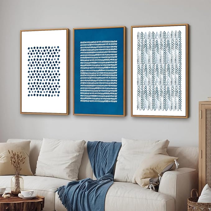 Tinonedraw Navy Blue White Framed Canvas Wall Art Set, Modern Geometric Dots Line Wall Decor, Neutral Abstract Shape Artwork, Cozy Contemporary Art Prints for Bedroom Living Room Office 16"x24"x3