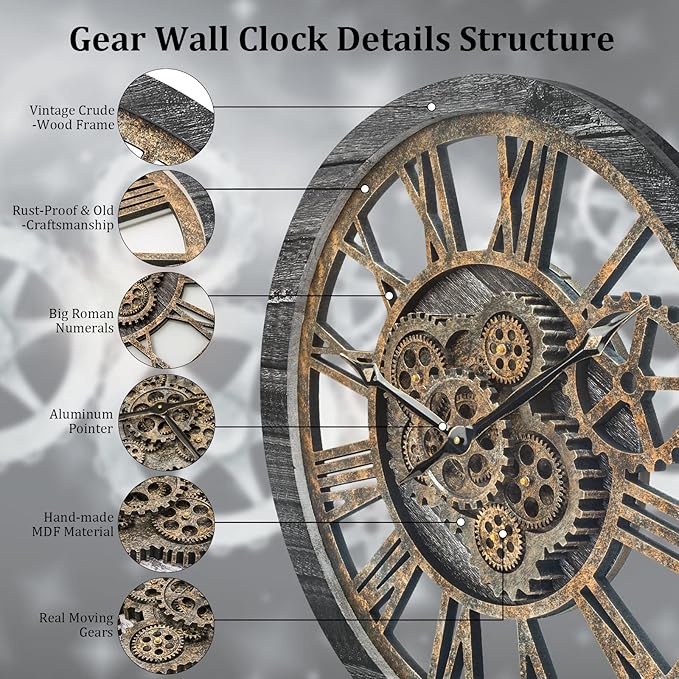 HOIBAI Wall Clock, 24 Inch Moving Gears Clock Large Wall Clock for Living Room Decor Rustic Vintage Industrial Steampunk Farmhouse Big Clock for Home Kitchen Bedroom Office