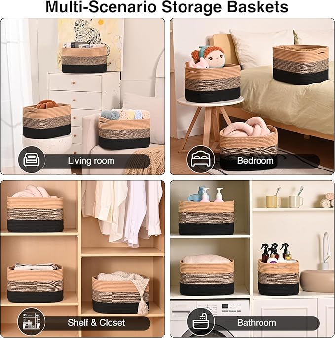 Storage Baskets for Organizing Shelves, Decorative Baskets for Storage, Woven Cotton Rope Basket for Living Room Bedroom Nursery, 15"x11"x9.5", 3 Packs, Gradient Black & Jute