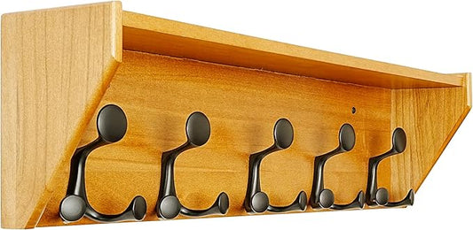 SKOLOO Wall Shelf with Hooks, 24-Inch Brown Coat Rack Wall Mount with Shelf Organizer - Lightweight & Sturdy, 5 Tri Hooks - Perfect for Entryway, Hallway, Living Room, Bedroom, Mudroom