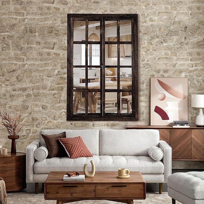 Wall Mirror with Window Design, 36"x24" Rustic Farmhouse Wood Mirror for Wall Decor, Decorative Vintage Mirror for Living Room, Bedroom, Entryway