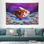 Houselerax Japanese Koi Fish Tapestry, Yin Yang Big Wave Cherry Blossom Tapestries Wall Hanging for Bedroom Living Room Office Decor 90"x60"