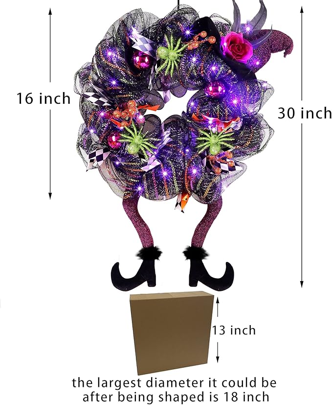 Lulu Home Halloween Front Door Wreath, Purple LED Lighted Witch Hat Wreath, Battery Operated, NOT PRELIT