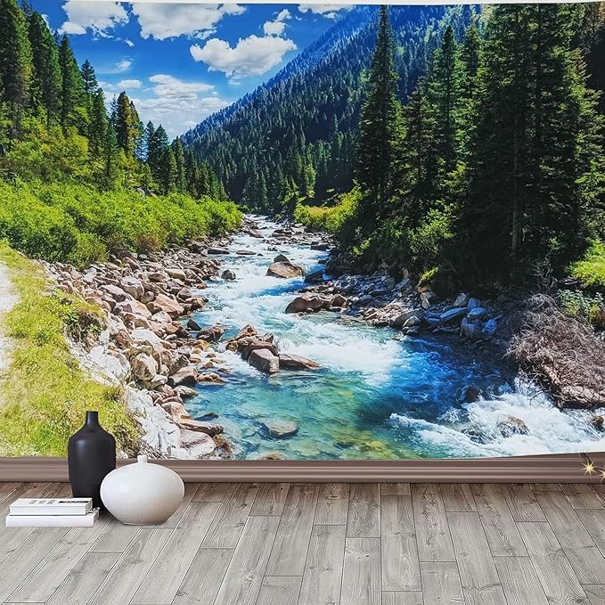 Nature Forest Mountain Tapestry Green Pine Tree Stream Tapestry White Clouds Flowing River Valley Landscape Scenery Tapestries Wall Hanging for Bedroom Dorm Living Room Office Classroom 80 x 60 Inch