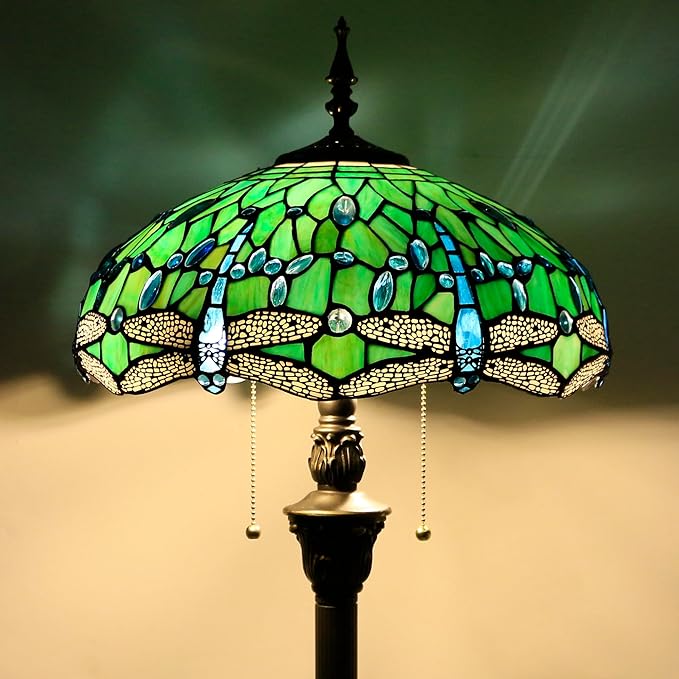Tiffany Floor Lamp Stained Glass Lamp Standing Reading Light 16x16x70 Inch for Living Room (Green Dragonfly)