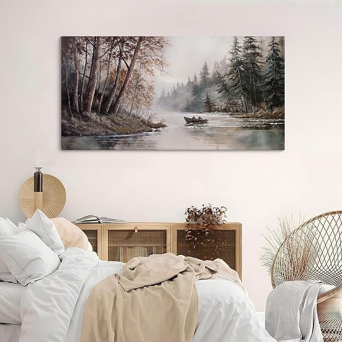 HGUAOA Mountain Canvas Wall Art Rustic Lake Landscape - Nature & Forest Scenery Paintings Pictures for Living Room & Bedroom Wall Decor Vintage Artwork for Walls