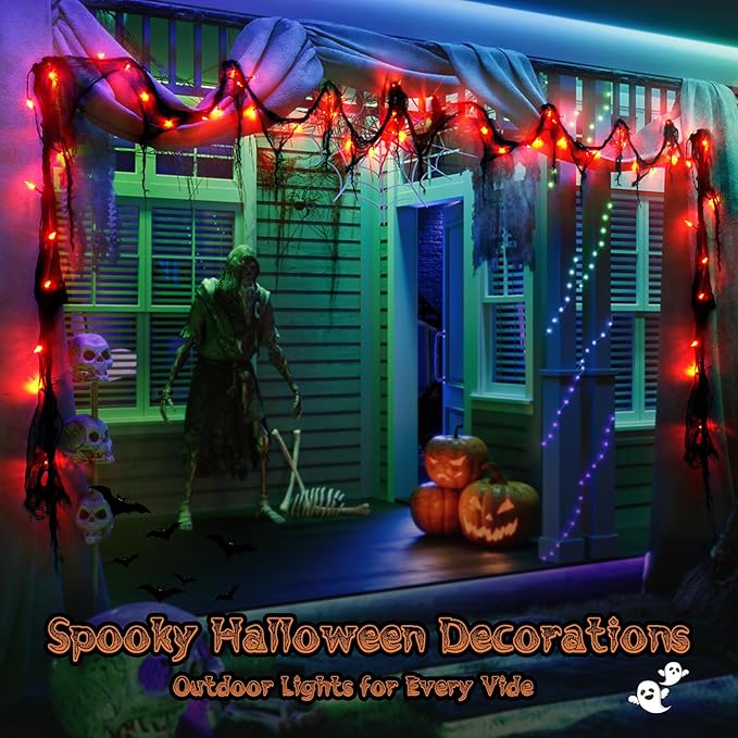 Halloween Horror Atmosphere Lights, Orange&Purple LED String Lights with 9.9FT Creepy Black Gauze, Battery Powered with Timer & 8 Flashing Modes (2 Pack Red)