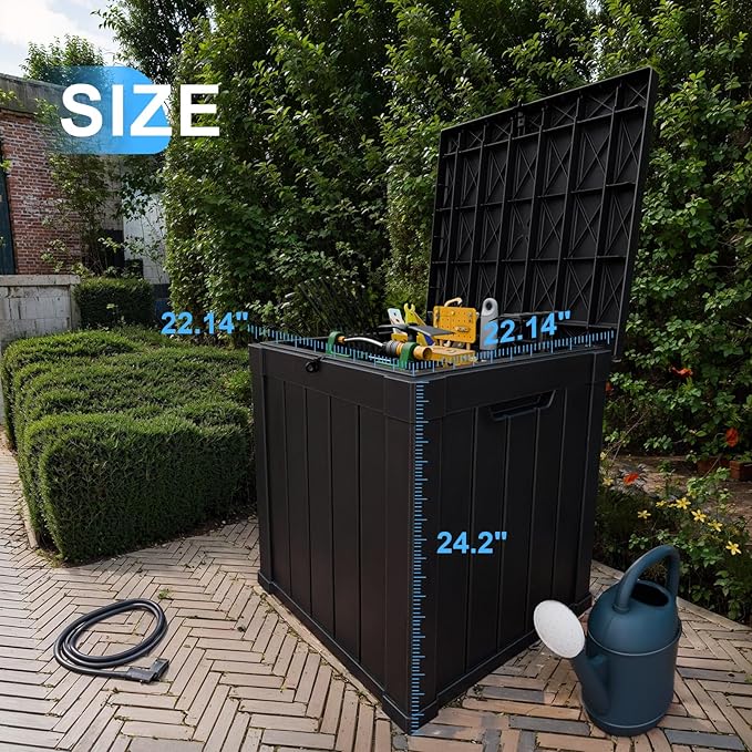 50 Gallon Resin Deck Box, Lockable Outdoor Storage Box for Patio Cushions Storage Furniture,Garden Tools, Pool Supplies, Weatherproof and UV Resistant（Black）