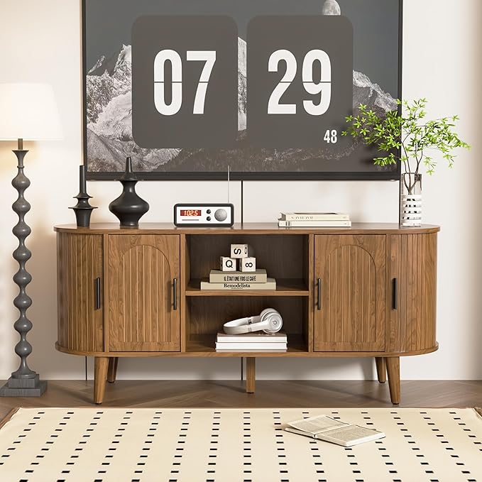 51" Fluted TV Stand, Mid-Century Modern Entertainment Center for Tvs up to 60" with Drawers and Fluted Doors, Curved TV Media Console Table with Sliding Doors for Living Room, Bedroom (51")