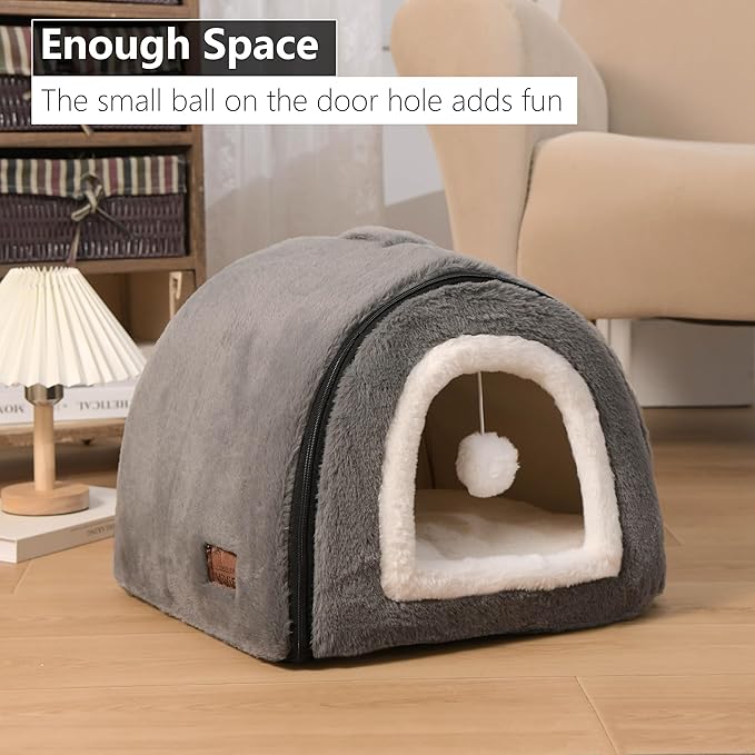 Cat Bed for Indoor Cats，Foldable cat cave，Anti-Slip & Water-Resistant Bottom，cat Houses for Indoor Cats or Small Dogs, Kitten Tent, Rabbit Bed，2 in 1 pet Bed (Dark Grey)