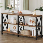 LVB Wood Console Table, Rustic 3 Tier Sofa Table Behind Couch, Industrial Metal Entryway Table with Storage Shelf, Farmhouse Wooden Foyer Hallway Table for Entry Living Room, Rustic Brown, 55 Inch