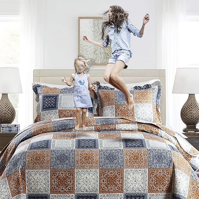 NEWLAKE Quilt Bedspread Sets-Color Block Pattern Reversible Coverlet Set,King Size